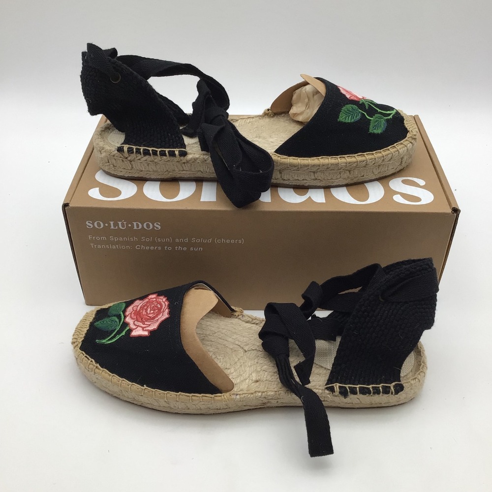 Soludos The Lauren Lace Up Espadrilles Black Rose Embroidered Size 9 - 9.5 NEW
